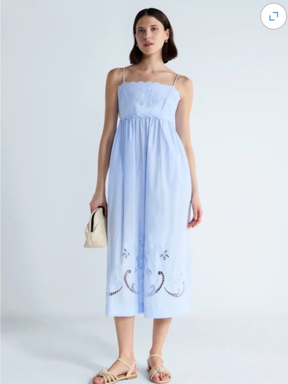 Light Blue Eyelet-Trim Midi Sundress with Spaghetti Straps